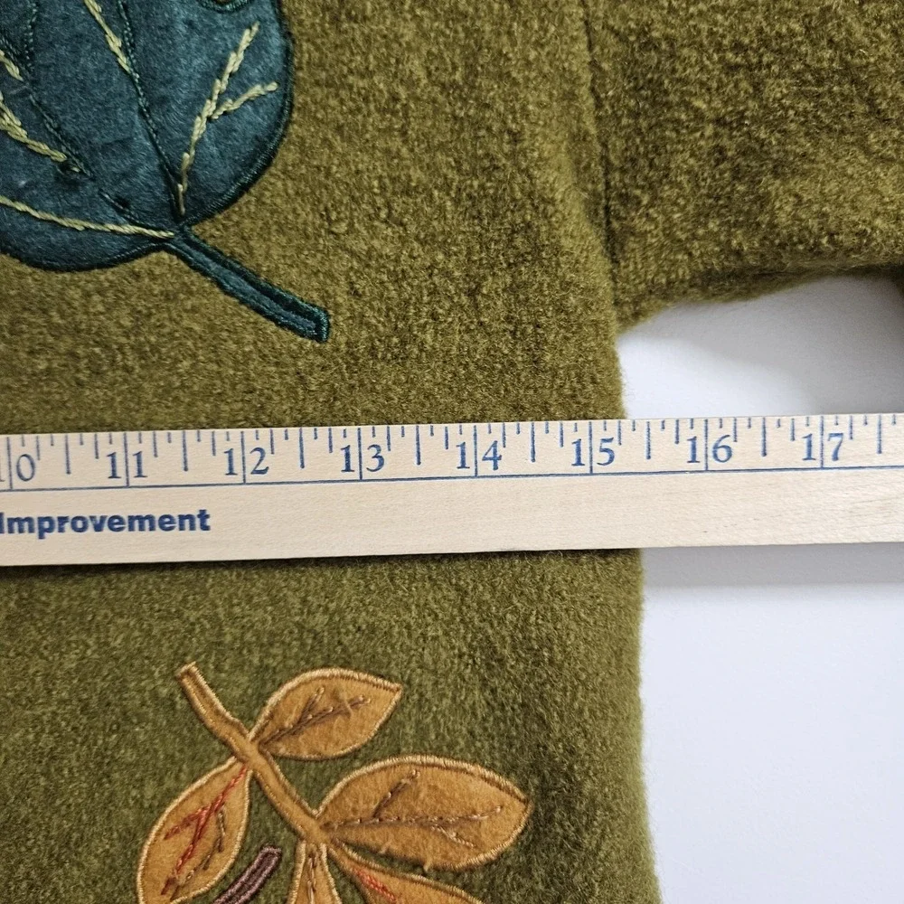 Lisa International Cardigan Women S Green Boiled Wool Leaf Applique Button Front - Picture 7 of 10